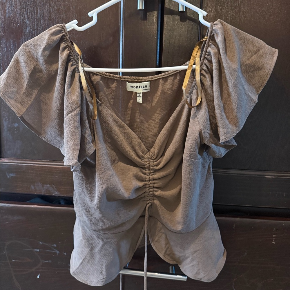 Montce Gray Ruched Tie Front Blouse